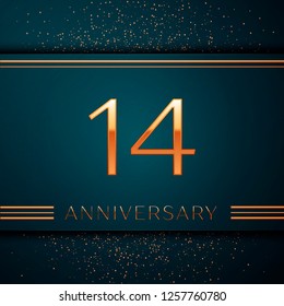 Realistic Fourteen Years Anniversary Celebration design banner. Golden number and confetti on green background. Colorful Vector template elements for your birthday party