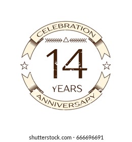 Realistic fourteen years anniversary celebration logo with ring and ribbon on white background. Vector template for your design