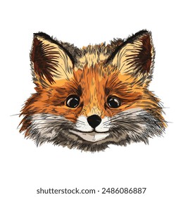 Realistic fox head. Watercolor style vector illustration, hand drawn with vibrant shades, ideal for artistic logos or design elements on an isolated background.