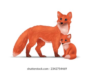 Realistic foxes composition with isolated view of adult specimen and wild fox kid on blank background vector illustration
