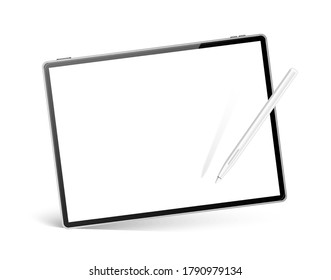 Realistic framaless tablet computer with white pen for digital art and sketching mockup. Vector blank tablet pc with stylus pad. 3d mobile gadget with touch screen. Empty screen device for multimedia.