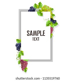 A realistic frame with black grapes. Invitation template or card. Vector illustration.