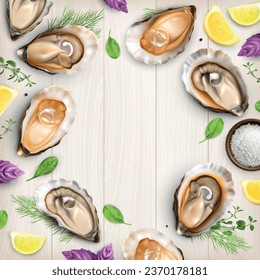 Realistic frame composition with top view of oysters served in their shells with greens and lemon vector illustration