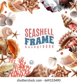 Realistic frame decorated with realistic seashells and sea animals on white background vector illustration