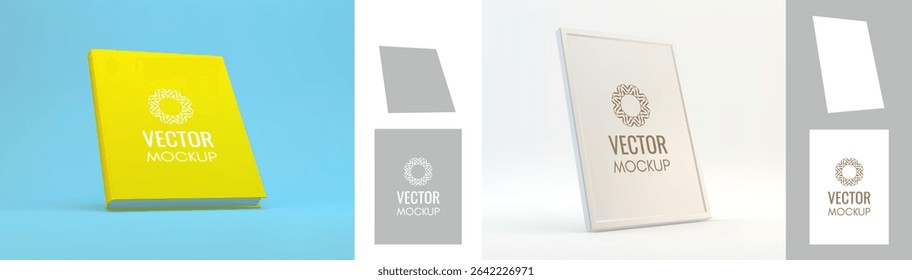Realistic frame. Design element for message. Hardcover book mockup or scrapbook. Cover design template. Blank sheet. 3d vector illustration for picture, poster,  certificate, diploma or photo.