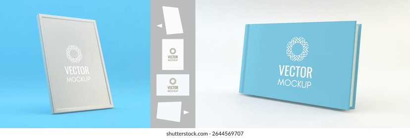 Realistic frame. Design element for message. Hardcover book mockup or scrapbook. Cover design template. Blank sheet. 3d vector illustration for picture, poster,  certificate, diploma or photo.