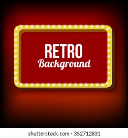 Realistic frame with lights. 3d rectangular yellow frame with glowing lights. Red empty space for your text. Red light lamps falls on a black background. Vector illustration.