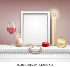 Realistic frame mockup with candles mirror necklace and glass of wine vector illustration