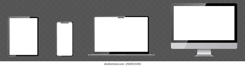 Realistic frame only. Vector isolated Stock illustration. Set of realistic monitor, laptop, tablet, phone on a transparent background with glare on a screen.  