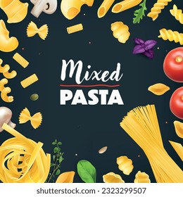 Realistic frame with various types of dry italian pasta herbs and vegetables on black background vector illustration