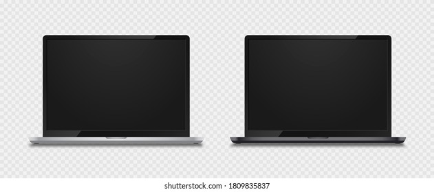 Realistic frameless laptops screen. Laptop computer monitor at transparent background. Device mockup set for infographics or presentation in silver and dark grey with shadow. Vector.