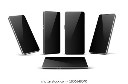 Realistic frameless smartphone black mockup set. Vector blank modern phone template. 3d mobile gadget with touch screen different positions. Empty screen digital device for multimedia.