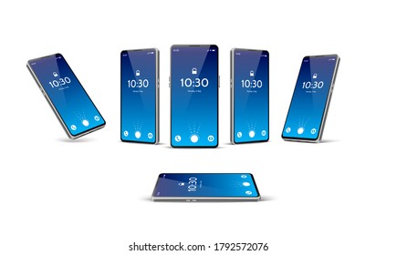 Realistic frameless smartphone mockup various position set. Vector modern phone template. 3d mobile gadget with touch screen. Blue main menu screen digital device witl navigation, multimedia buttons