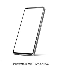 Broma de smartphones realistas y sin marco. Plantilla de teléfono moderna en blanco vector. gadget móvil 3d con pantalla táctil. Dispositivo digital de pantalla vacío para multimedia.