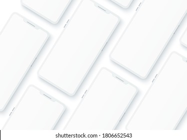 Patrón de burla blanca del smartphone sin marco realista. Plantilla de fondo de teléfono moderno en blanco. gadget móvil 3d con pantalla táctil. Dispositivo digital de pantalla vacío para multimedia.