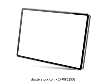 Realistic frameless tablet computer mockup. Vector blank tablet pc with no brand. 3d mobile gadget with touch screen. Empty screen digital device for multimedia.