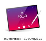 Realistic frameless tablet  with white pen for digital art and sketching mockup. Vector tablet pc with no brand. 3d mobile gadget with bright red blue color touch screen. Digital device for multimedia