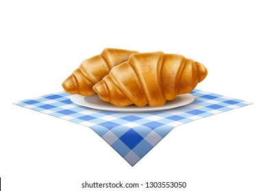 Realistic french croissant at ceramic dish at blue tablecloth. Traditional French cuisine pastry for bakery, restaurant or cafe menu design. Breakfast tasty snack, delicious gourmet vector bun.