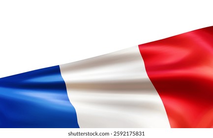 Realistic French flag. Wavy national flag of the Republic of France isolated on white background. Patriotic symbol country for celebration National day. 3d vector illustration