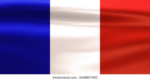 Realistic French flag. Wavy national flag of the Republic of France. Country symbol for celebrating patriotic holidays. 3d vector illustration