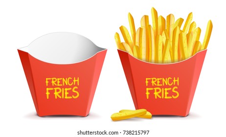 Realistic French Fries Vector. Red Paper Package. Empty And Full. Isolated On White Illustration