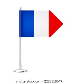 Realistic French table flag on a chrome steel pole. Souvenir from France. Desk flag made of paper or fabric and shiny metal stand. Mockup for promotion and advertising. Vector illustration