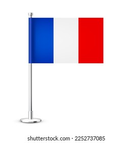 Realistic French table flag on a chrome steel pole. Souvenir from France. Desk flag made of paper or fabric and shiny metal stand. Mockup for promotion and advertising. Vector illustration