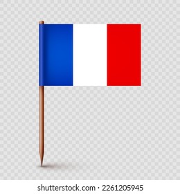 Realistic French toothpick flag. Souvenir from France. Wooden toothpick with paper flag. Location mark, map pointer. Blank mockup for advertising and promotions. Vector illustration