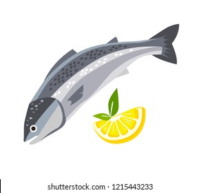 Realistic fresh catched fish with lemon samlon, bass, carp, crucian