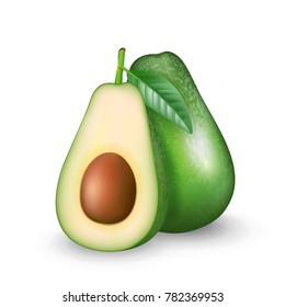 Realistic fresh fruit avocado isolated on white background. Whole and cut in half avocado with pit. Vector image