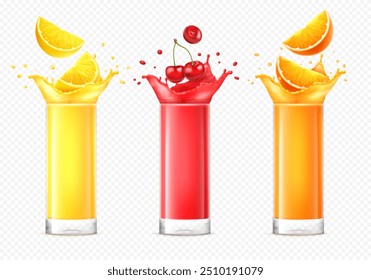 Realistic fresh fruit or berry juice in a glass with splash and flying lemon, orange fruit and cherry. Healthy tropical, citrus beverage. 