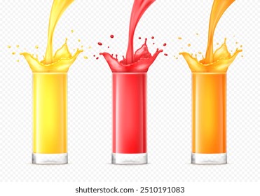 Realistic fresh fruit or berry juice in a glass with splash and stream. Healthy tropical, citrus beverage. Lemon, orange, watermelon, mango, pineapple, peach, cherry, strawberry juice.