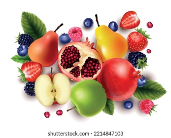 Realistic Fresh Fruits And Berries Top View With Apple Pomegranate Strawberry Pear Blueberry Blackberry Raspberry Vector Illustration