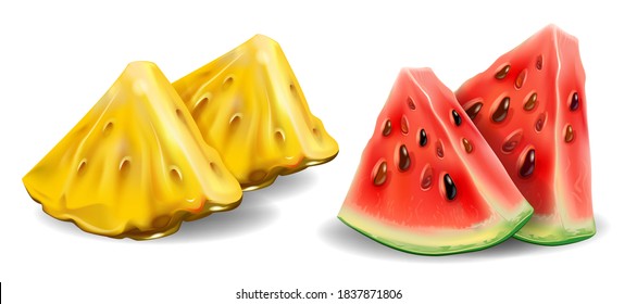 Realistic fresh fruits, pineapple and watermelon in 3d. Juicy fruits and berries isolated on white background. Realistic fruit pulp icon set. Vector illustration