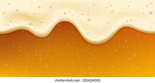 Realistic fresh golden beer with bubble and foam. Oktoberfest banner. Cool gold beverage. Craft beer festival celebration vector background. Illustration of golden beer foam bubbles