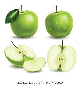 Realistic fresh green apple set with whole and sliced fruit with leaf and water drops isolated vector illustration