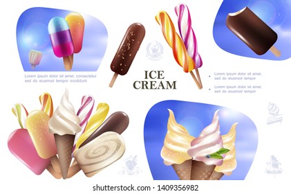Realistic fresh ice cream composition with popsicle lollipops tasty ice cream on stick and in waffle cone vector illustration