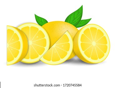 Realistic Fresh lemons with leaves isolated on white. Vector Illustrations