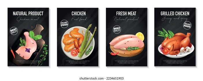 Realistic fresh natural chicken meat vertical poster set with raw and grilled products editable text on black background isolated vector illustration