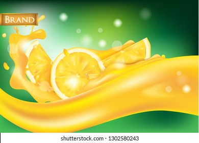 realistic fresh orange fruit on juice liquid with nature background