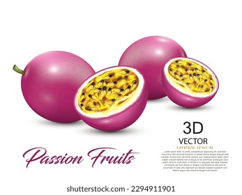 realistic fresh passion fruits with half of passion fruit. vector illustration design template on the white background,use for tasty purple passion fruits concept.3d design element.