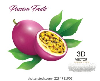 realistic fresh passion fruits with half of passion fruit. vector illustration design template on the white background,use for tasty purple passion fruits concept.3d design element.