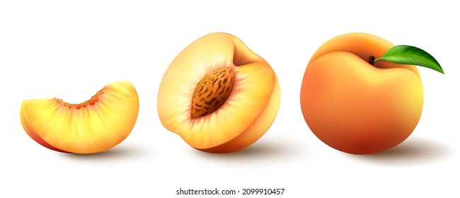 Realistic fresh peaches isolated on white background. Bright vector set of colorful half, slice and whole of juicy peach. Juice or jam logotype. 3d vector illustration