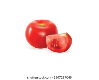 vetor de conjunto de tomate maduro vermelho fresco realista. Tomate vermelho maduro cru realista, inteiro e fatia, isolado vegetal de tomate cereja, vetor orgânico alimento fazenda 3d. Conjunto de tomate vermelho maduro realista