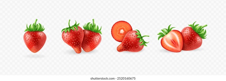 Realistic fresh red strawberry collection. Whole, half, slice and pieces berries on transparent background. 3D vector icons set.