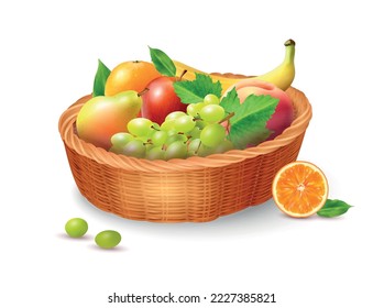 Realistic fresh ripe fruits with green leaves in wicker basket vector illustration