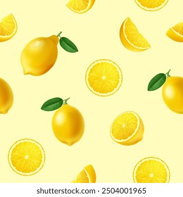 Realistic fresh ripe lemon fruit on light background. Seamless pattern.