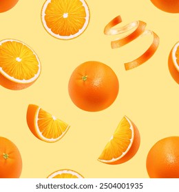 Realistic fresh ripe orange fruit flying on light background. Seamless pattern.