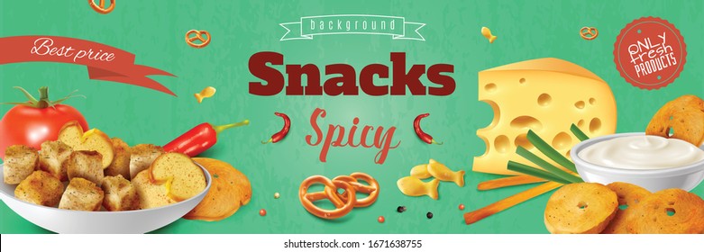 Realistic Fresh Spicy Snacks For Beer With Crackers Cheese And Condiments Horizontal Poster Vector Illustration