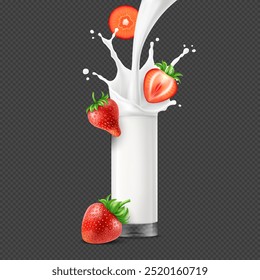 Realistic fresh strawberry with milk or yogurt splash in a glass. Fresh natural yogurt ads concept.